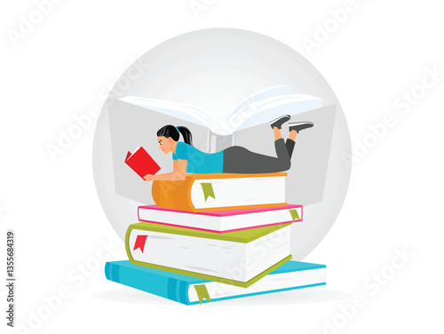 Woman Reading on Giant Book Stack with Open Book Background.