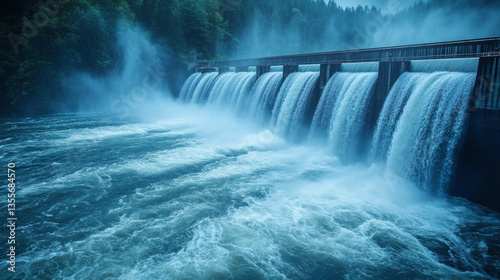 Rushing Waterfall Over Spillway Dam with Aqua Water and Surrounding Lush Green Forest in Overcast Weather