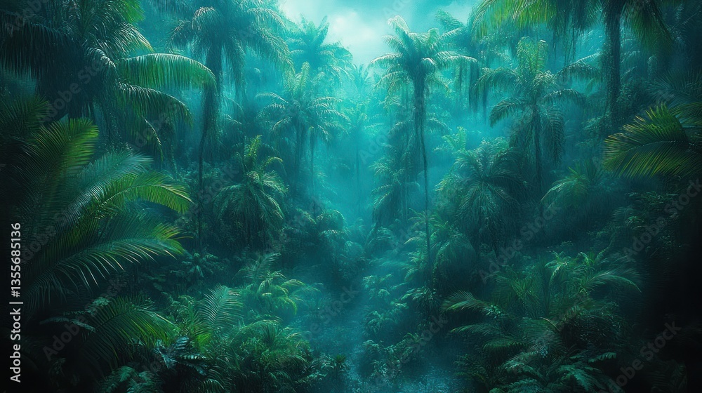 Fototapeta premium Misty jungle path, lush foliage, tropical forest, adventure background