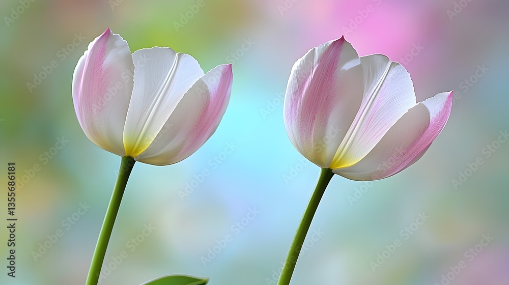 Delicate Pink and White Tulips Blossoming Against a Softly Colored Natural Background Delicate Pink and White Tulips Blossoming Against a Softly Colored Natural Background