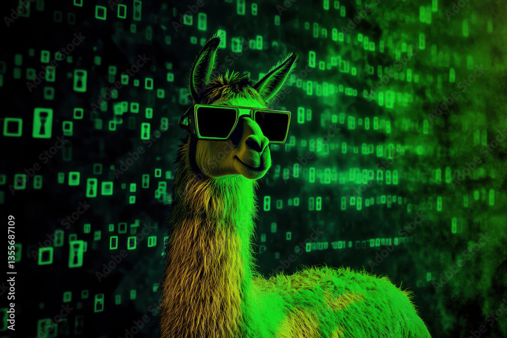 Fototapeta premium llama explores blockchain carbon offsets in cyber-green hues