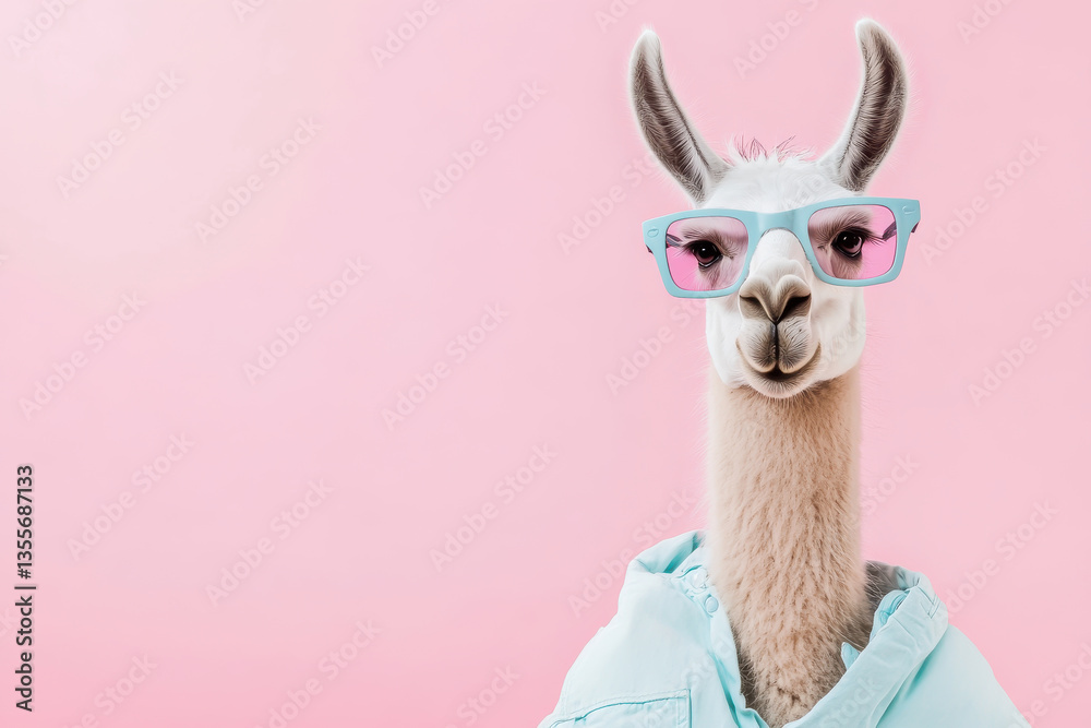 Fototapeta premium Llama shows off trendy upcycled outfit against pink backdrop