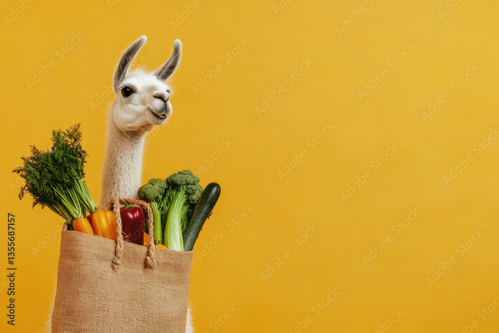 Fototapeta premium Llama confidently packs organic vegetables in jute bag
