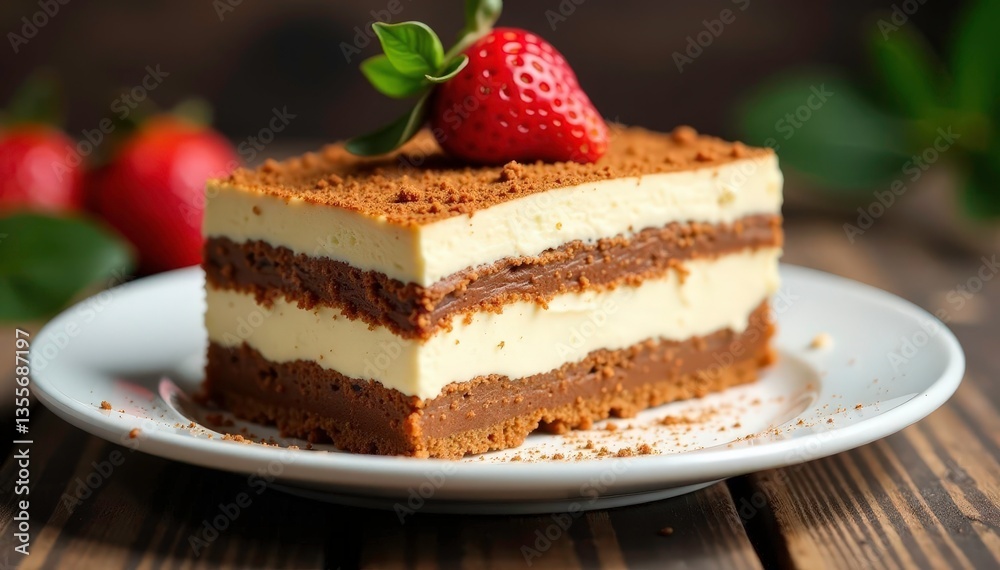 Individual portion of tiramisu, showcasing its texture and layers , creamy, single serving, food Individual portion of tiramisu, showcasing its texture and layers , creamy, single serving, food