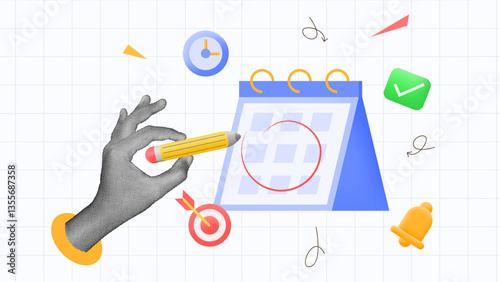 halftone collage, Creative scheduling illustration with a hand holding a pencil, a calendar, and productivity icons. planning, time management, goal setting, and task organization visual