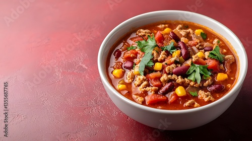 Comforting savory turkey chili bowl in home kitchen photography