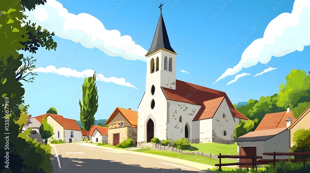 Naklejka premium Historic Sainte-Croix en Jarez Village Church in Loire, France - Architectural Exterior Design