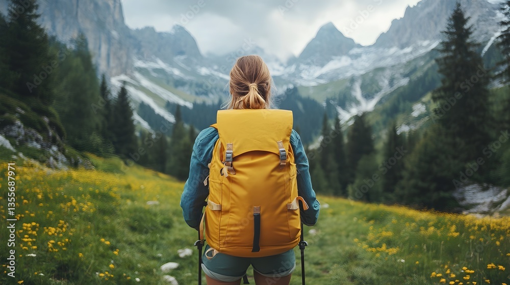 Naklejka premium A lone female hiker with a yellow backpack admires a breathtaking mountain vista filled with wildflowers on a scenic trail.