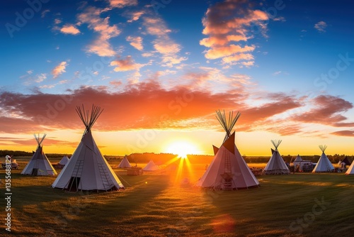 Teepees at Sunset Structures in Field, Golden Hour, Dramatic Sky