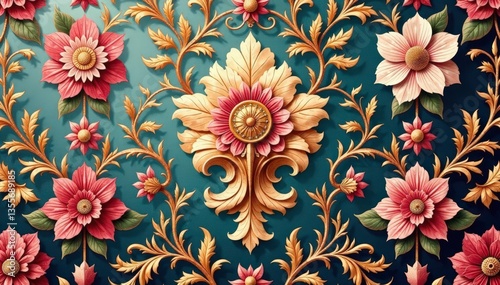 Intricate floral damask textile, faded elegance, motif, old