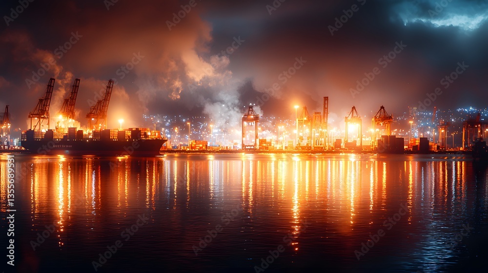 Fototapeta premium Vibrant night scene at a busy shipping port in the city industrial photography urban environment