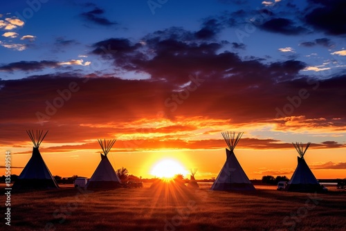 Tipis silhouette at sunset in the field. Peaceful scene of simple living with colorful sky backdrop