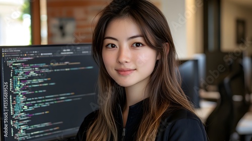 Free Download A young Asian female software engineer smiles confidently while working on computer code in a modern office setting. - GFXLoad