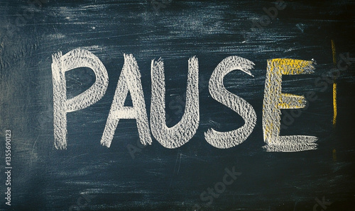 The word PAUSE written in chalk on a blackboard symbolizing a break or reflection
