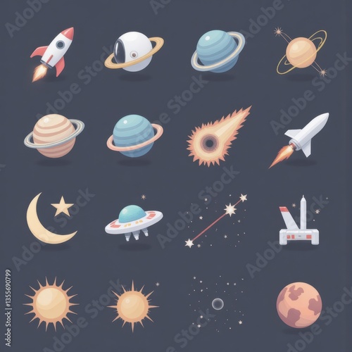 Space Icons Set: Planets, Rockets, Stars & UFOs Vector Illustration