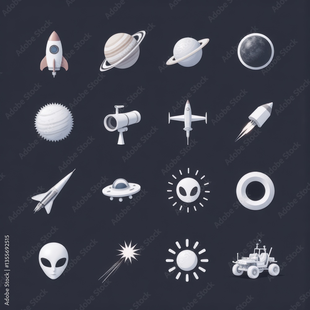 Naklejka premium Space Exploration Icons Set: Rockets, Planets, UFOs, Aliens, and Lunar Rover Vector Pack