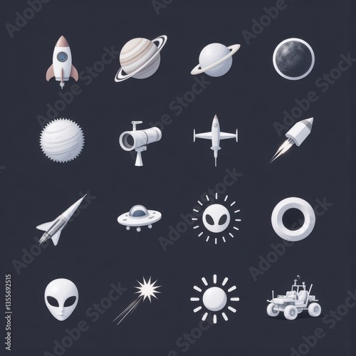 Space Exploration Icons Set: Rockets, Planets, UFOs, Aliens, and Lunar Rover Vector Pack