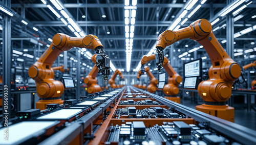 A futuristic robotics manufacturing facility filled with advanced robotic arms assembling electronic components. Bright LED panels illuminate the production line, casting a sleek, high-tech glow. 
