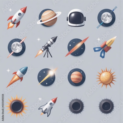 Space Icons Set: Rockets, Planets, Astronaut Helmet, Telescope - Vector Illustration for Science, Education & Design