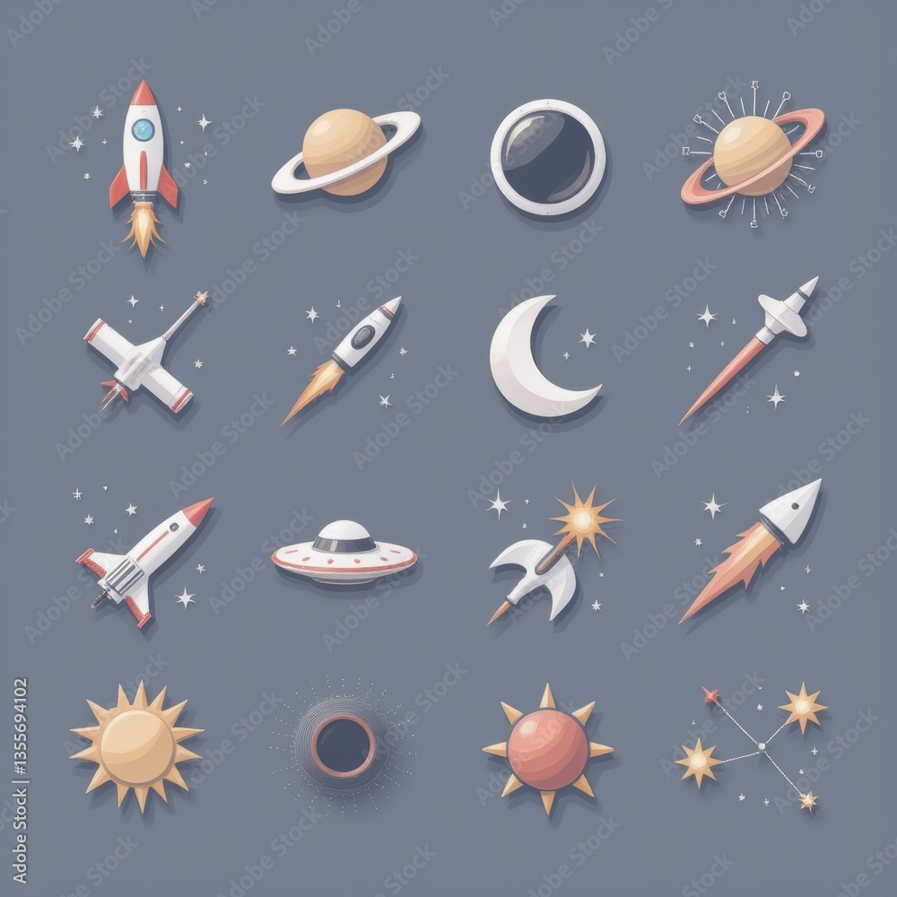 Naklejka premium Space Icons Set: Planets, Rockets, Sun, Moon, UFO and Stars Vector Illustration for Kids and Graphic Design.