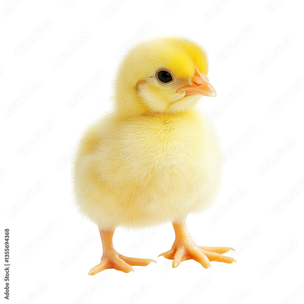 Obraz premium a cute fluffy yellow chick stands upright against a white background showcasing its soft feathers and bright appearance. essence of new life and innocence