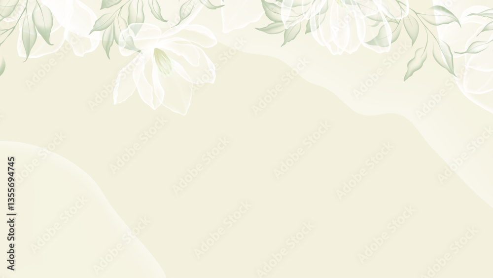 Fototapeta premium Floral abstract background, delicate translucent floral design along the top edge on a soft cream background, creating a frame-like effect with a blank space on the bottom