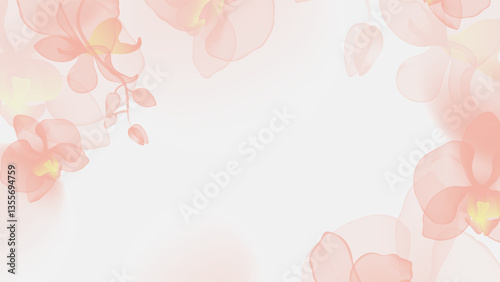 Floral abstract background, translucent pink Phalaenopsis orchid on a light gray background, creating a frame-like effect with a blank space in the center
