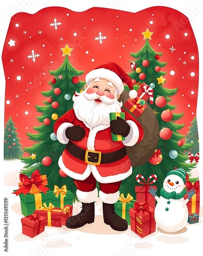 Santa Claus with Gifts, Christmas Celebration Scene, Festive Holiday Illustration, Merry Christmas Vector - Santa with Presents and Holiday Decorations, Christmas Cheer Santa Claus Holding Background