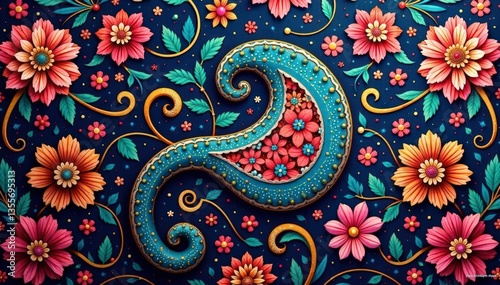Intricate swirling floral paisley pattern on fabric, black, copper