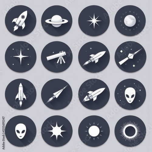 Space Icons Set: Rocket, Planet, Alien, Telescope - Vector Illustration