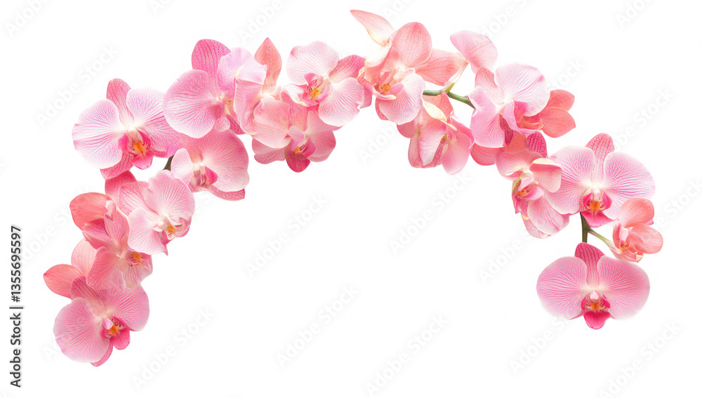 arrangement of pink orchid flowers creates a graceful arch showcasing their beauty and elegance against a clean white background ideal for floral design decoration or botanical inspiration arrangement of pink orchid flowers creates a graceful arch showcasing their beauty and elegance against a clean white background ideal for floral design decoration or botanical inspiration