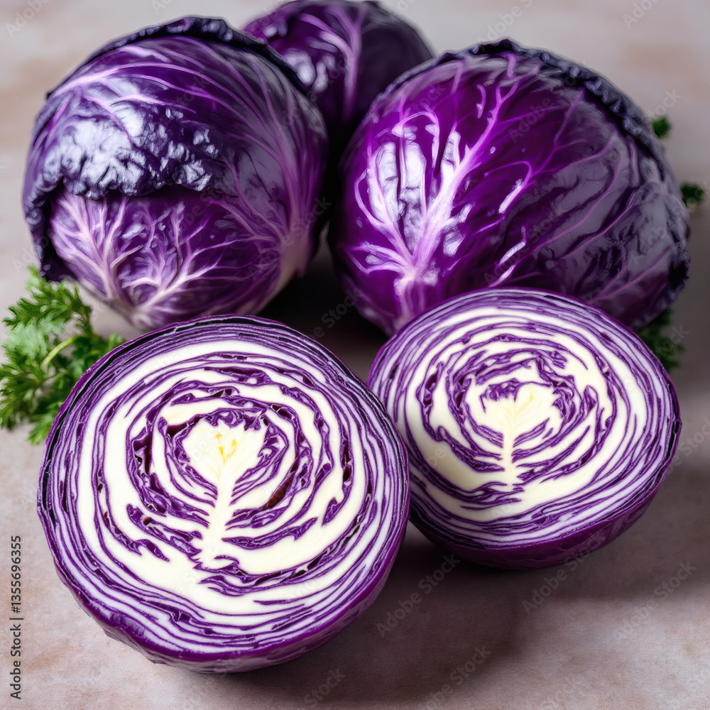Fototapeta premium Fresh Purple Cabbage Bundle with Cut Half, Healthy Vegetables, Organic Produce, Vibrant Veggie Stock Photo