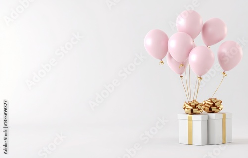 Pink balloons and gifts, celebration scene, studio background, for greeting card or birthday