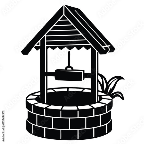 Village Water Well silhouette vector illustration isolated on a white background