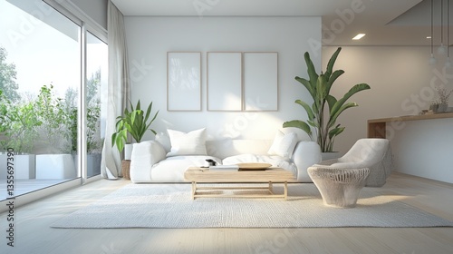 Wallpaper Mural Minimalist living room with white sofa, wooden coffee table, plants, and large windows offering natural light. Torontodigital.ca