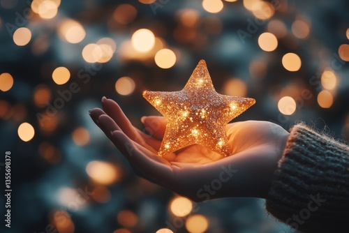 Woman's hand gently holding a glowing star ornament against a bokeh background.