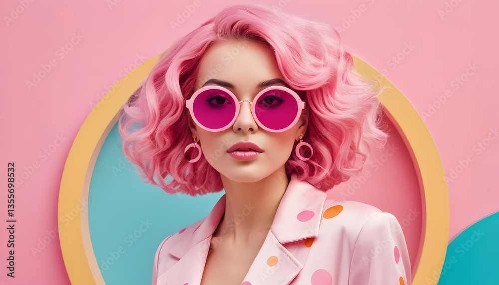 The image features a glamorous figure with stylish, voluminous pink hair, wearing pink sunglasses and a chic pastel outfit The image features a glamorous figure with stylish, voluminous pink hair, wearing pink sunglasses and a chic pastel outfit