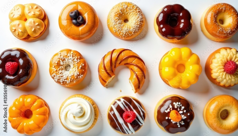 Overhead shot of assorted pastries on white backdrop , overhead, whipped cream Overhead shot of assorted pastries on white backdrop , overhead, whipped cream