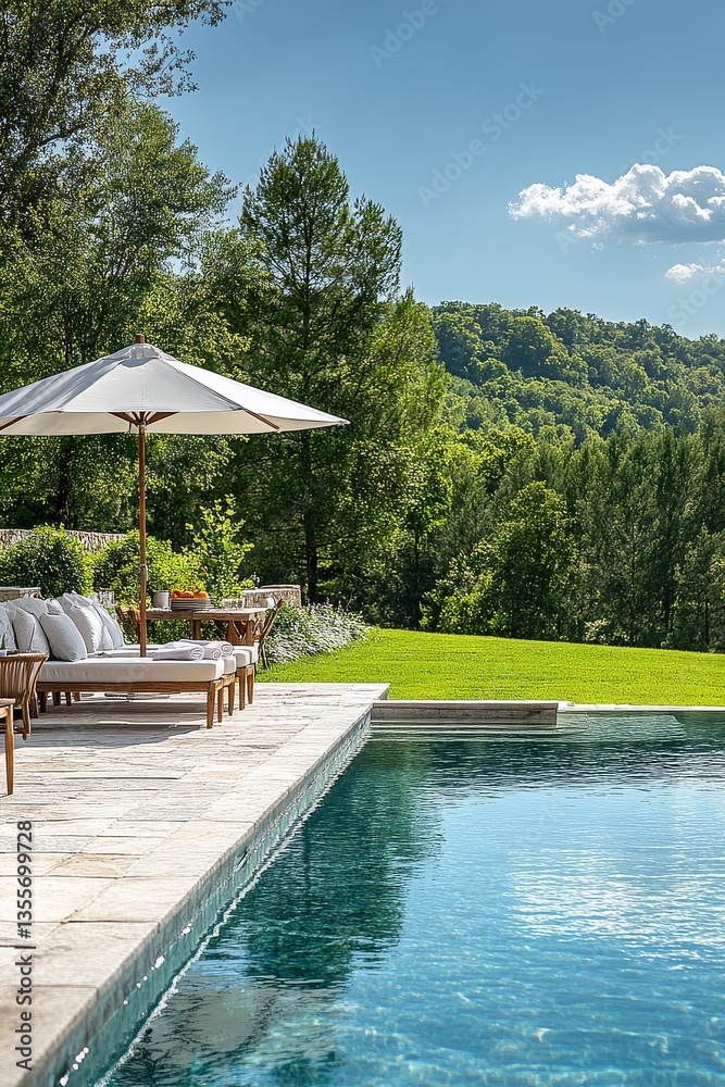 Obraz premium Elegant White Parasol by Outdoor Pool with Wooden Table and Chairs, Tranquil Scene