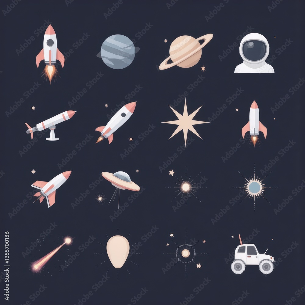 Naklejka premium Space Exploration Icons Set: Rocket, Planet, Astronaut, UFO, Telescope, Star, Rover. Space Vector Icons Collection.