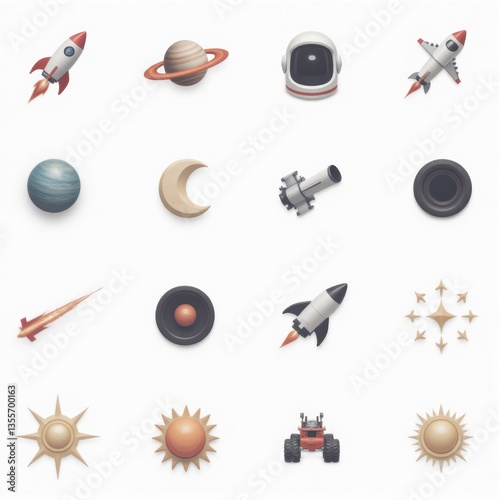 Space Icons Set: Rocket, Planet, Astronaut, Moon, Sun, Satellite. Vector Illustration