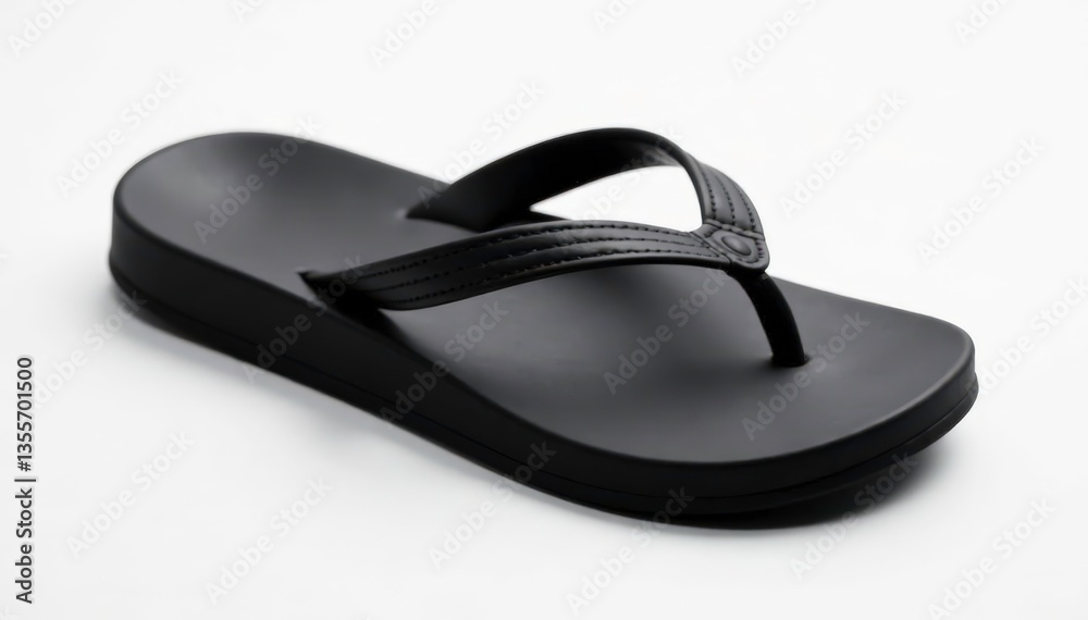 Single black flip-flop on white background, close-up view, clean, background, beach Single black flip-flop on white background, close-up view, clean, background, beach