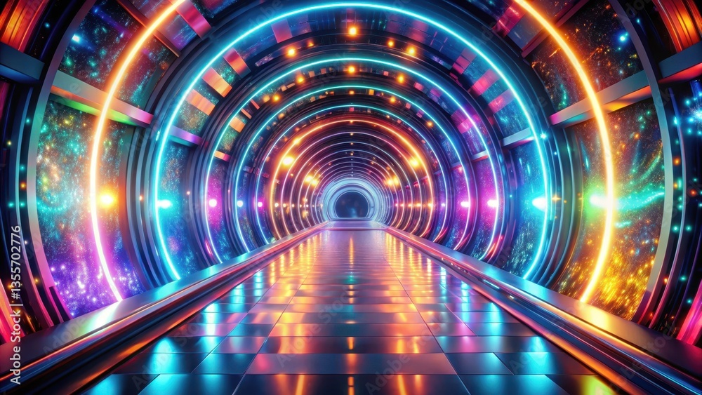 A Futuristic Neon Corridor with Vibrant Cosmic Backdrop and Reflective Floor Leading to a Mysterious Destination A Futuristic Neon Corridor with Vibrant Cosmic Backdrop and Reflective Floor Leading to a Mysterious Destination