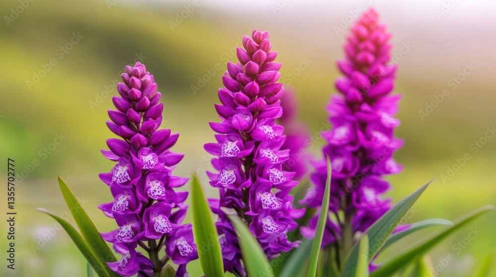 Obraz premium Vibrant pink orchids stand tall, showcasing intricate floral patterns against a soft, blurred background of greenery.