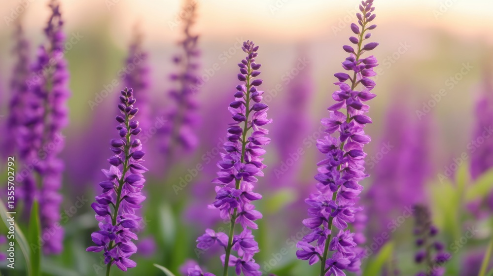 Obraz premium A serene field of vibrant purple flowers, elegantly rising amidst lush greenery, creating a tranquil and picturesque scene.