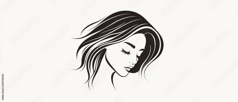 A simple, monotone black logo featuring a vector brush border and a linear illustration of a beautiful woman's face, clean white background for a sleek and modern aesthetic. A simple, monotone black logo featuring a vector brush border and a linear illustration of a beautiful woman's face, clean white background for a sleek and modern aesthetic.