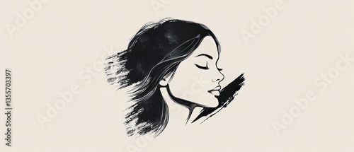 A simple, monotone black logo featuring a vector brush border and a linear illustration of a beautiful woman's face, clean white background for a sleek and modern aesthetic.