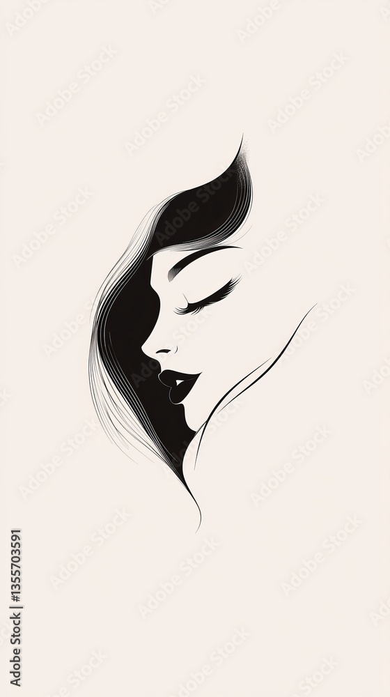 A simple, monotone black logo featuring a vector brush border and a linear illustration of a beautiful woman's face, clean white background for a sleek and modern aesthetic.