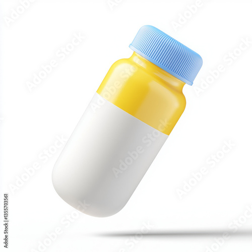 Supplement Bottle 3D Icon, Airborne with Blue and Yellow Design.