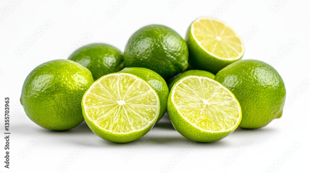 Fresh Green Limes and Sliced Halves Displayed on a White Background with Clean Presentation Fresh Green Limes and Sliced Halves Displayed on a White Background with Clean Presentation
